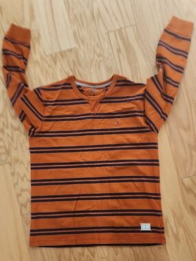 Tommy Hilfiger Orange and Navy Striped Long-Sleeve Tee Large